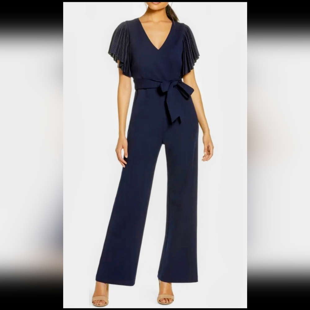 Eliza J Navy Blue V-Neck Flutter Sleeve Tie-waist Wide-leg Jumpsuit Size 10